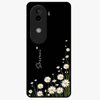 Daisy Cascade Custom Name Glass Case showing flat back view with cascading daisy flowers and personalized name design.