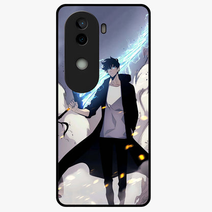 Dark Lightning Anime Warrior Glass Case showing flat back view with intense anime warrior artwork and glossy glass finish.