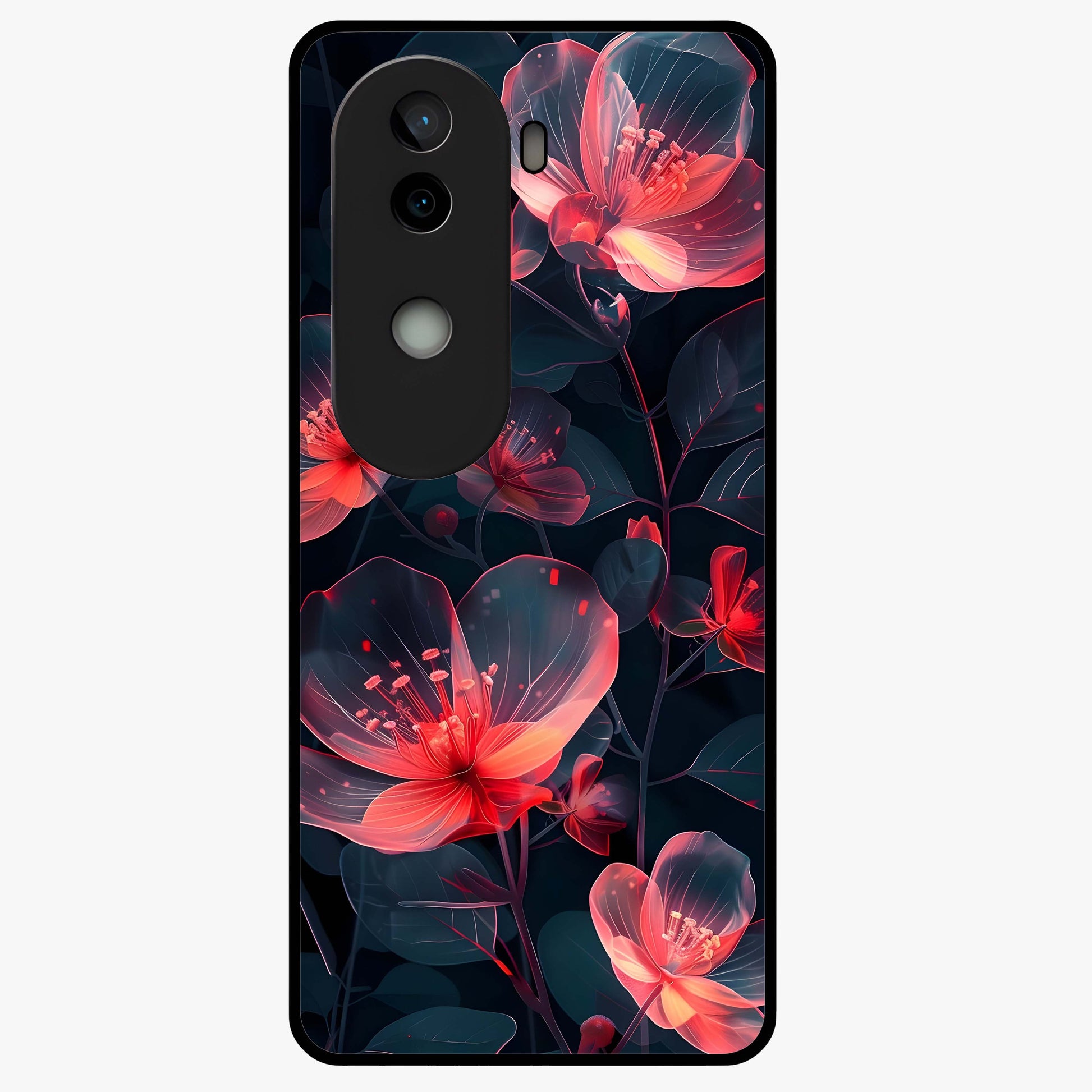Dark Shade of Flower Glass Case showing flat back view with elegant dark floral artwork and glossy glass finish.