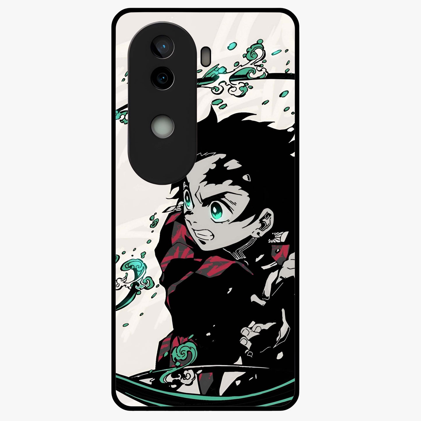 Demon Slayer Glass Case showing flat back view with bold anime inspired artwork and glossy glass finish.