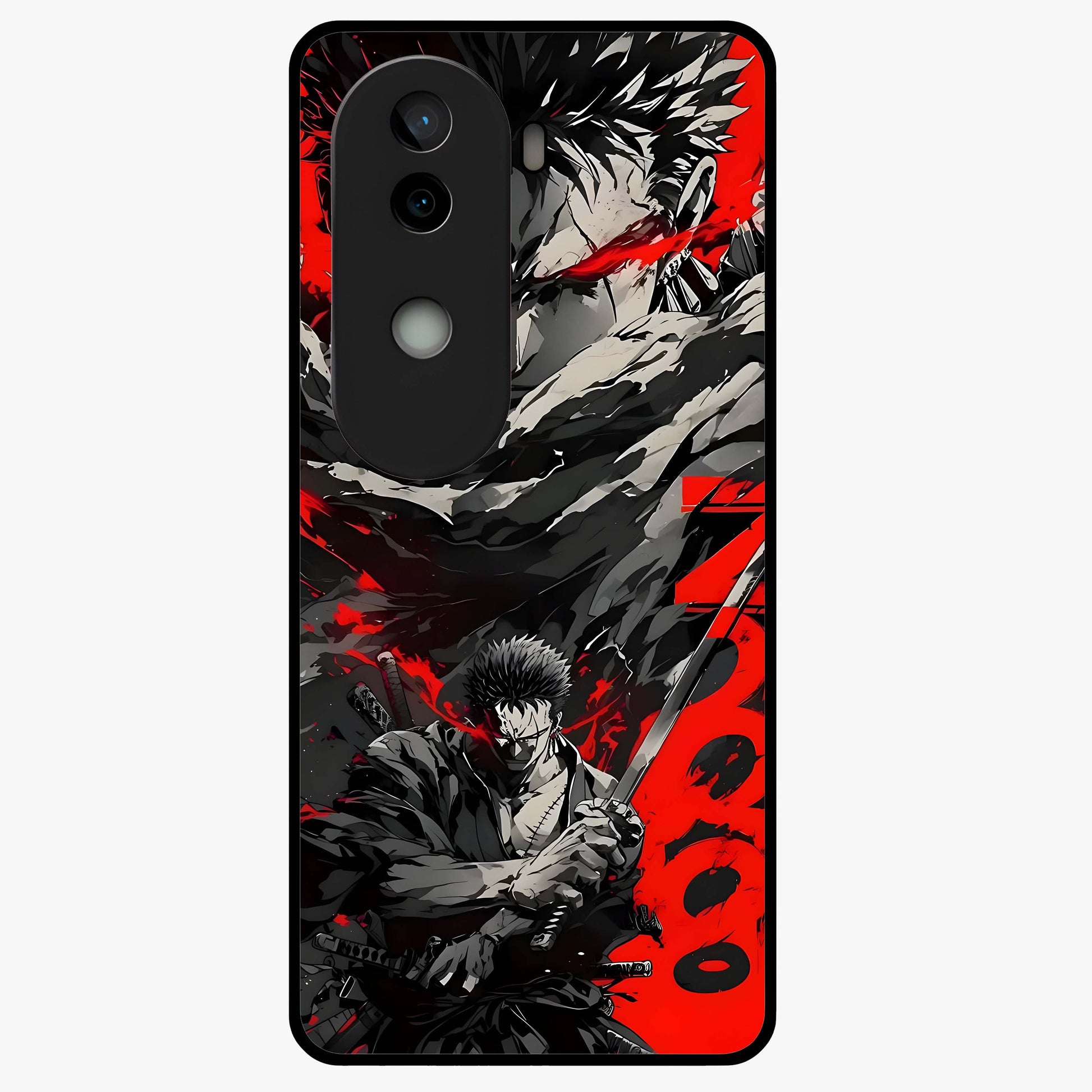 Demon Sword Resolve Glass Case showing flat back view with fierce sword warrior artwork and glossy glass finish.