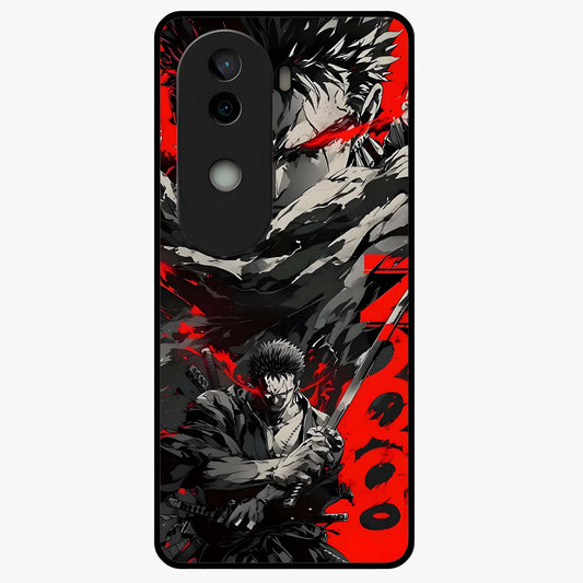 Demon Sword Resolve Glass Case showing flat back view with fierce sword warrior artwork and glossy glass finish.