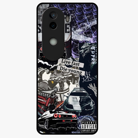 Die Young Glass Case showing flat back view with bold artistic typography design and glossy glass finish.