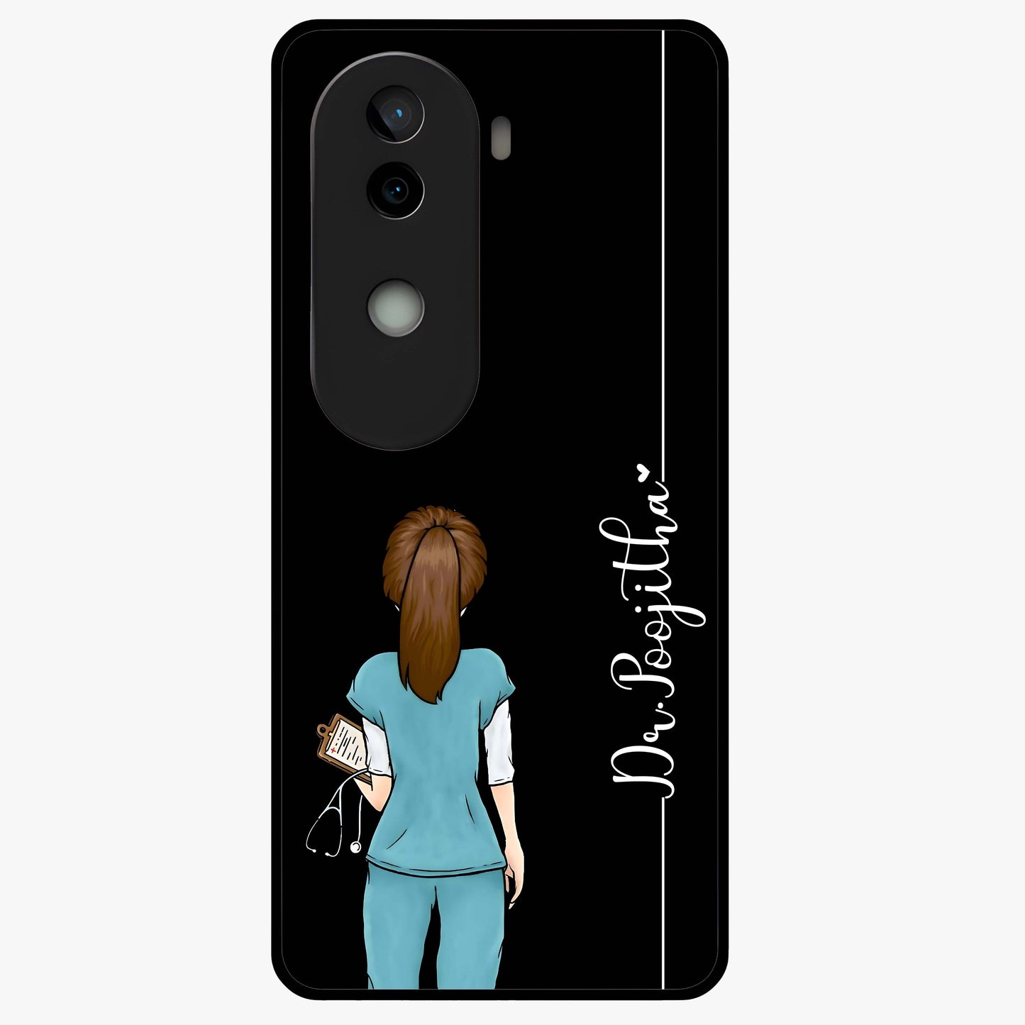 Doctor Pattern Custom Name Glass Case showing flat back view with medical themed pattern and personalized name design.