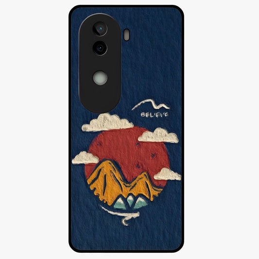 Dream Beyond Mountains Glass Case showing flat back view with scenic mountain landscape artwork and glossy glass finish.