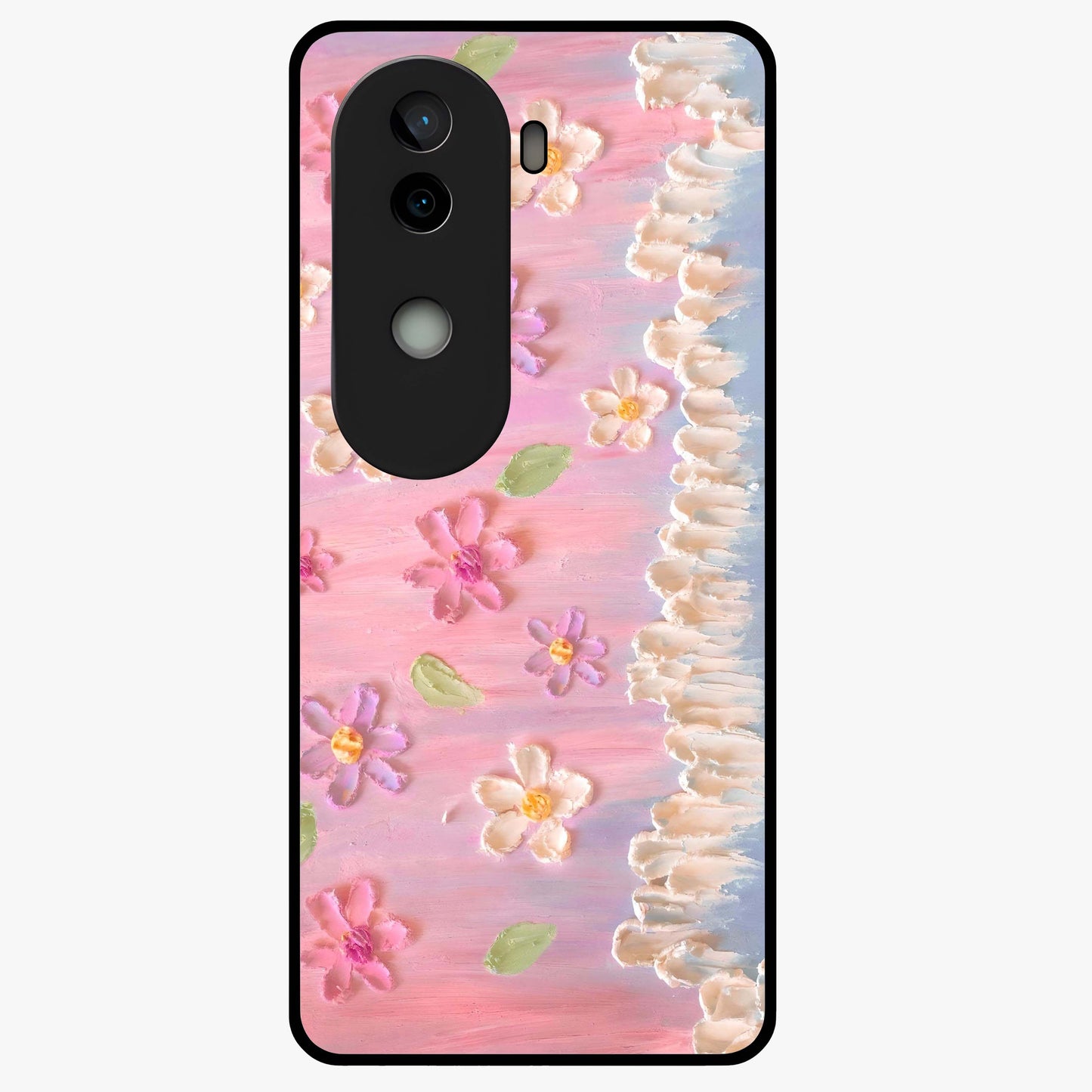 Dreamy Painted Garden Glass Case showing flat back view with artistic painted floral garden artwork and glossy glass finish.