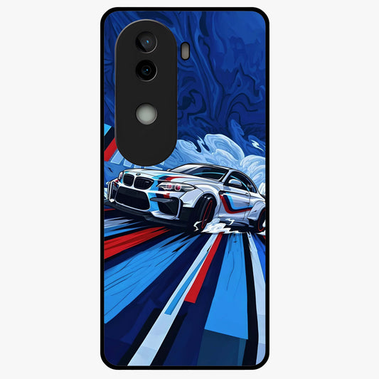 Drift Power Rush Glass Case showing flat back view with dynamic racing inspired artwork and glossy glass finish.
