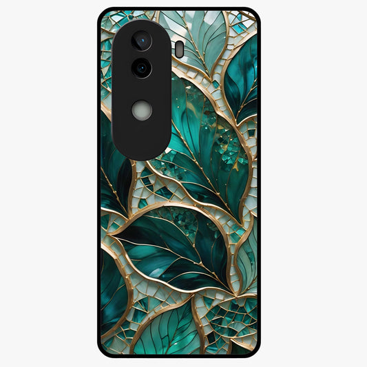 Emerald Leaf Glass Glass Case showing flat back view with emerald green leaf artwork and glossy glass finish.