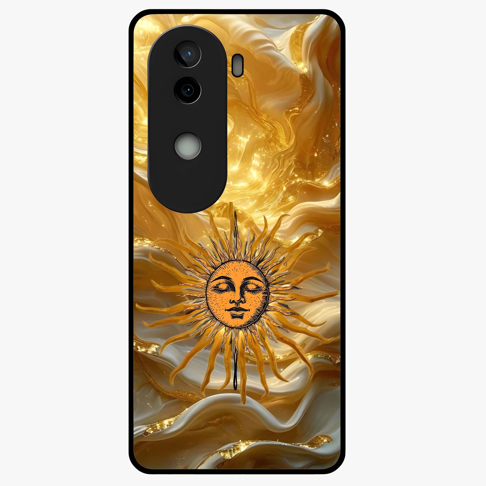 Eternal Golden Glow Glass Case showing flat back view with radiant golden themed artwork and glossy glass finish.