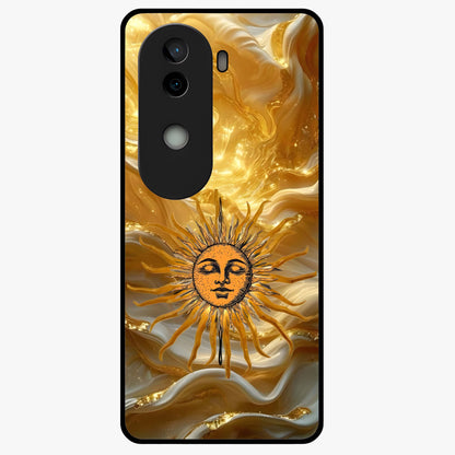 Eternal Golden Glow Glass Case showing flat back view with radiant golden themed artwork and glossy glass finish.