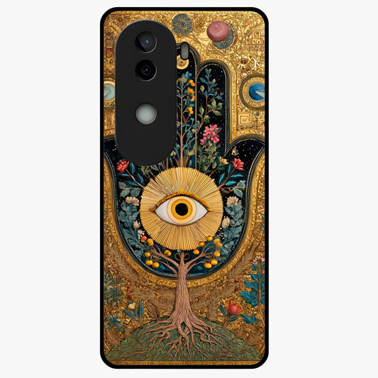 Ethereal Evil Eye Glass Case showing flat back view with mystical evil eye artwork and glossy glass finish.
