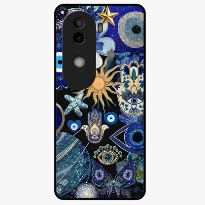 Evil Eye Charm Mix Glass Case showing flat back view with multiple evil eye charms artwork and glossy glass finish.