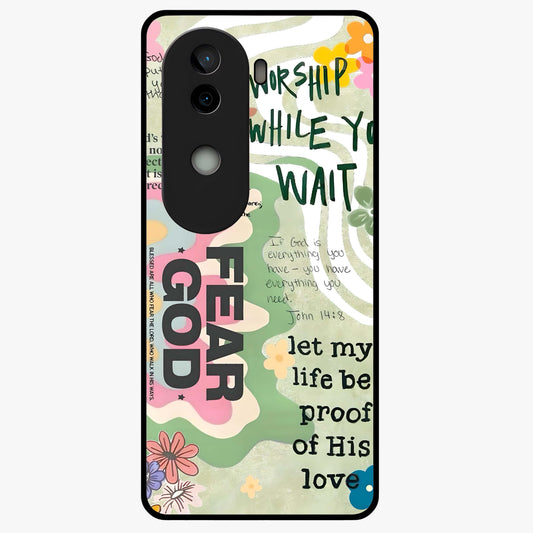 Faith Over Fear Glass Case showing flat back view with motivational typography artwork and glossy glass finish.