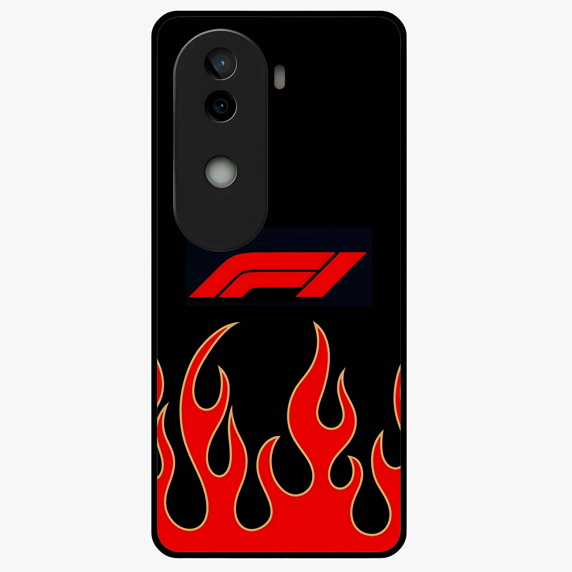 Fire F11 Glass Case showing flat back view with fiery themed artwork and glossy glass finish.