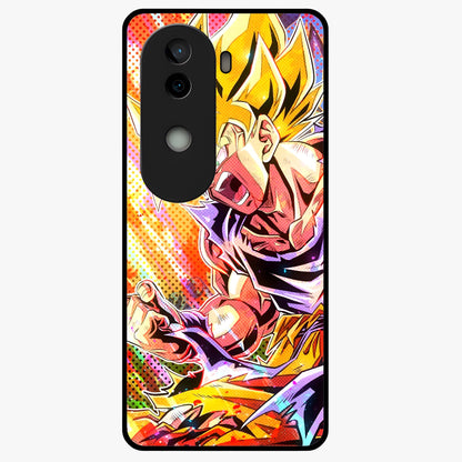 Firing Goku Glass Case showing flat back view with powerful anime inspired artwork and glossy glass finish.