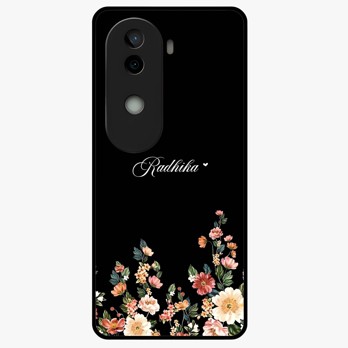 Floral Design With a Custom Personalized Name Glass Case showing flat back view with floral artwork and personalized name design.