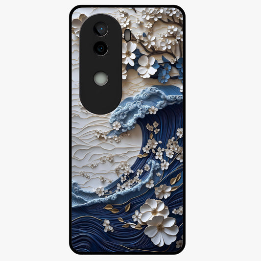 Floral Wave Origami Glass Case showing flat back view with origami inspired floral wave artwork and glossy glass finish.