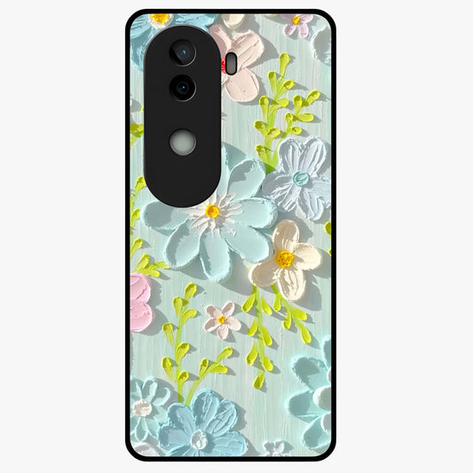 Frosted Petal Garden Glass Case showing flat back view with soft frosted floral artwork and glossy glass finish.