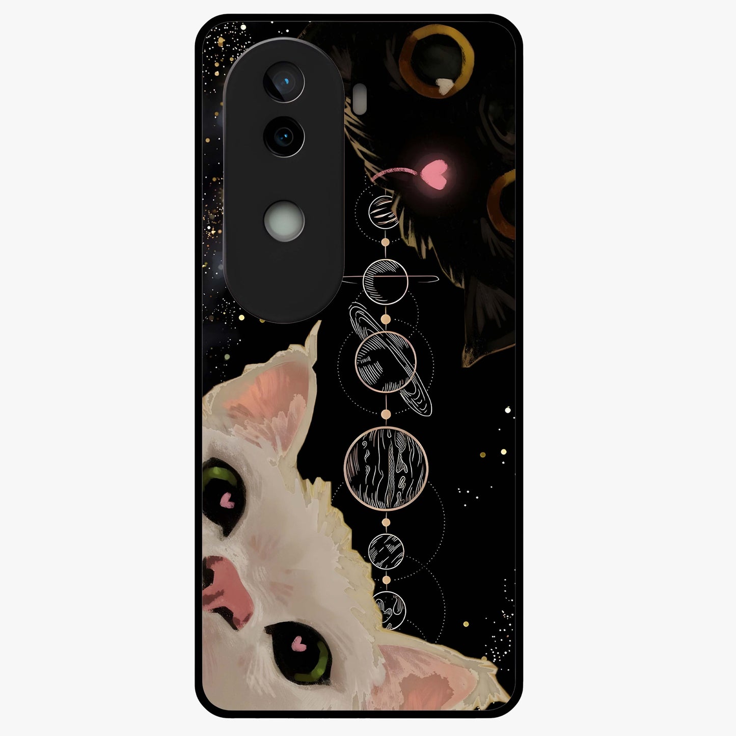 Galactic Cat Glass Case showing flat back view with cosmic cat artwork and glossy glass finish.