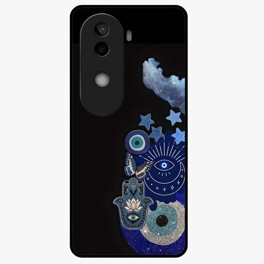 Galactic Charm Cluster Glass Case showing flat back view with glowing celestial charm artwork and glossy glass finish.