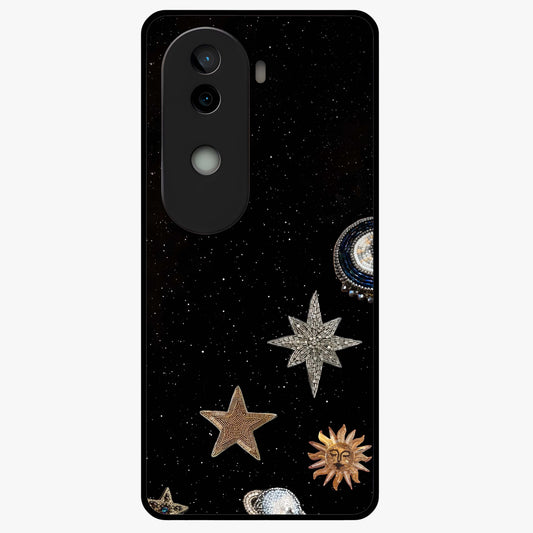 Galactic Charm Glow Glass Case showing flat back view with glowing celestial charm artwork and glossy glass finish.