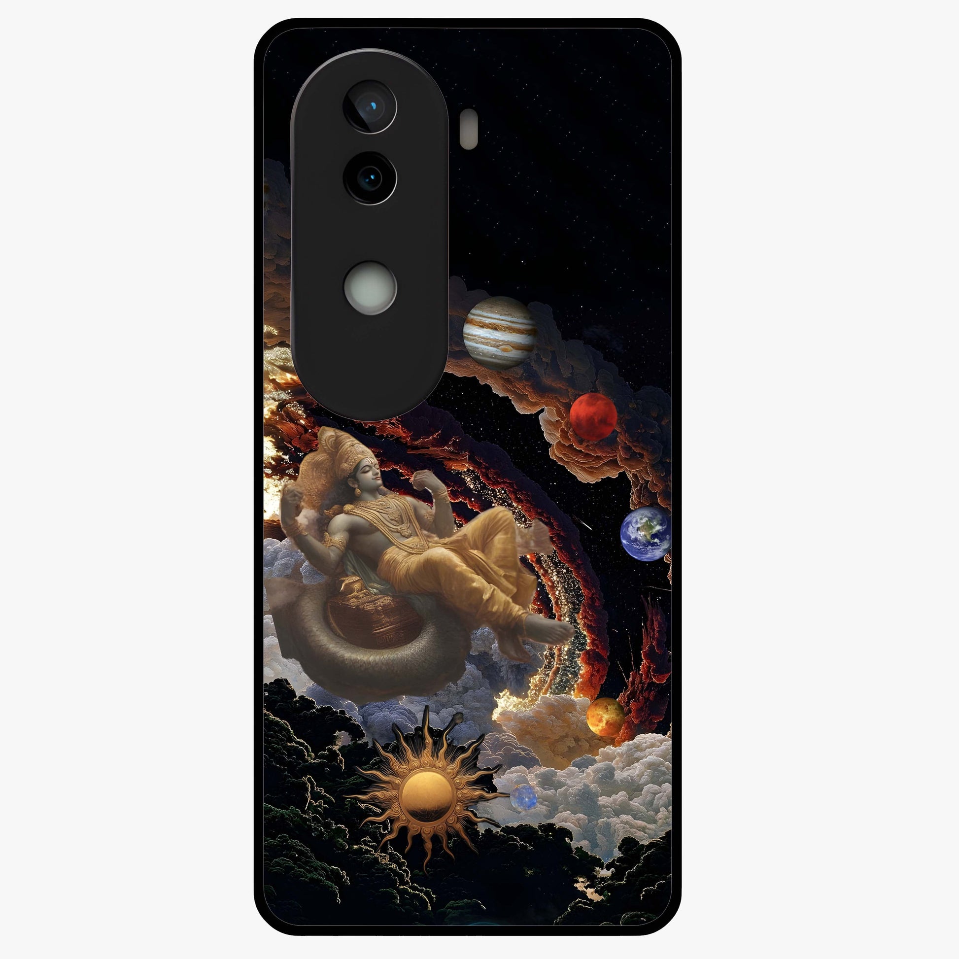 Galactic Divine God Glass Case showing flat back view with divine cosmic themed artwork and glossy glass finish.