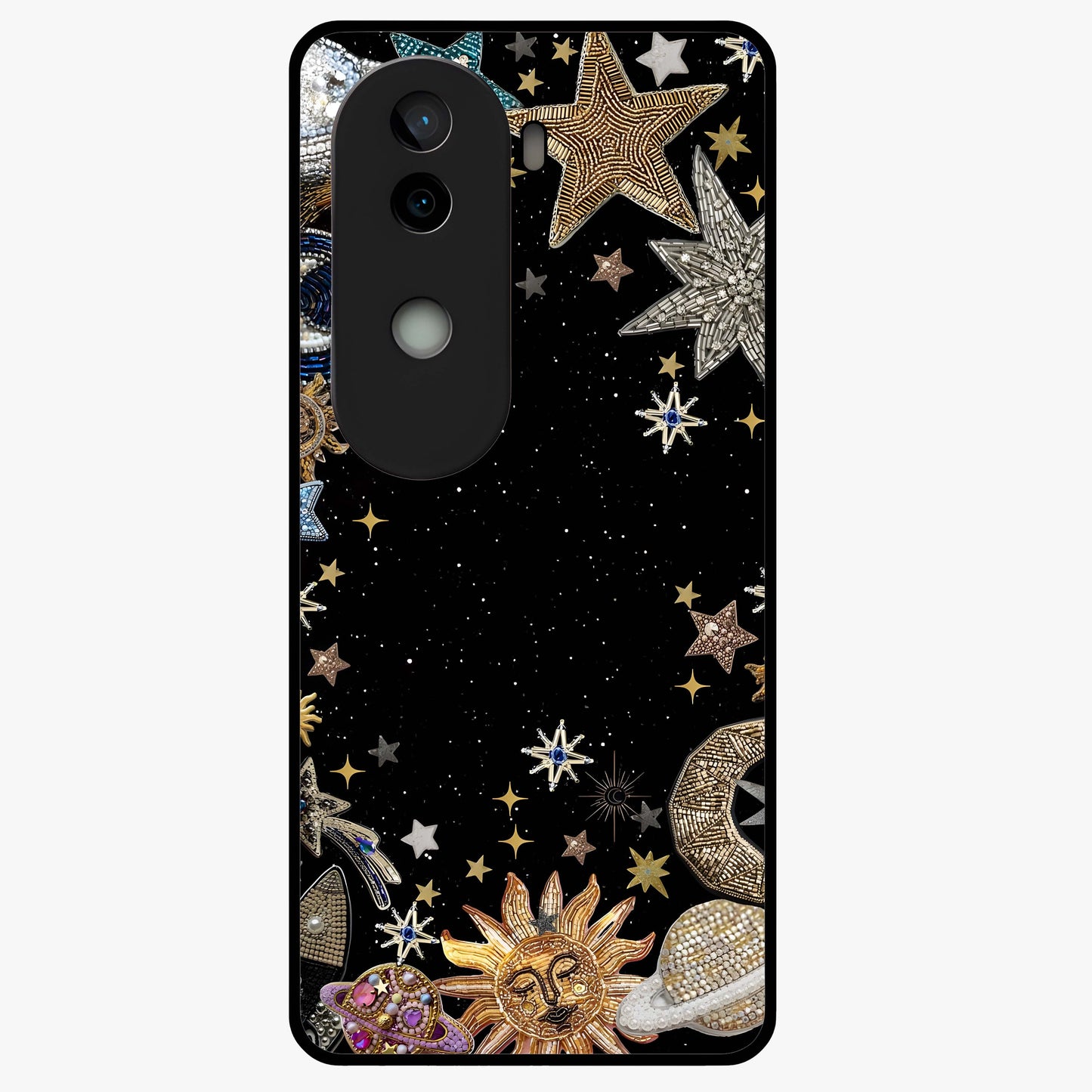 Galactic Jewel Stars Glass Case showing flat back view with sparkling star jewel artwork and glossy glass finish.