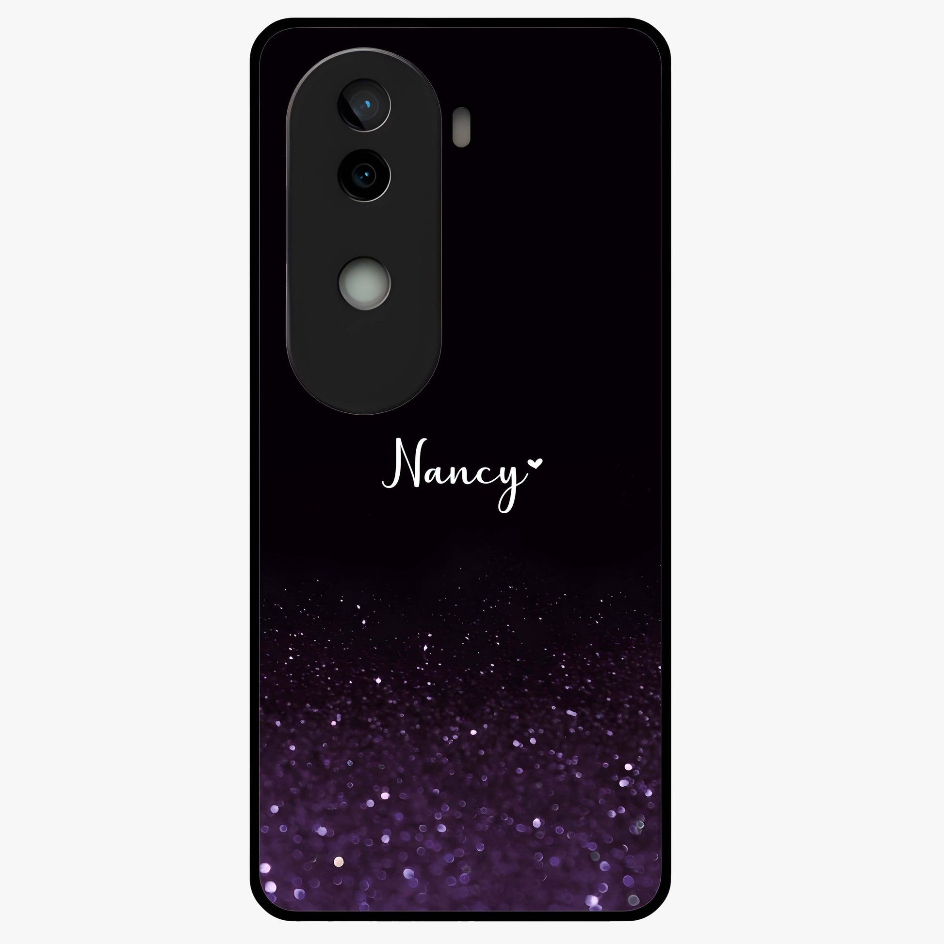 Glittery Purple Bokeh Custom Name Glass Case showing flat back view with purple bokeh sparkle artwork and personalized name design.
