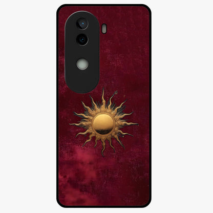 Gold Sun Blush Glass Case showing flat back view with golden sun inspired artwork and glossy glass finish.