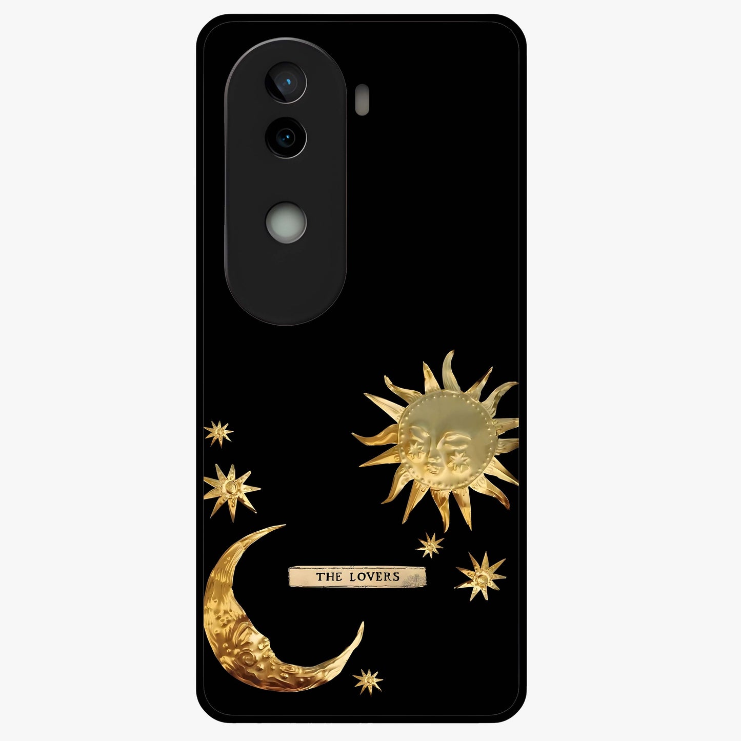Golden Celestial Charm Glass Case showing flat back view with golden celestial charm artwork and glossy glass finish.