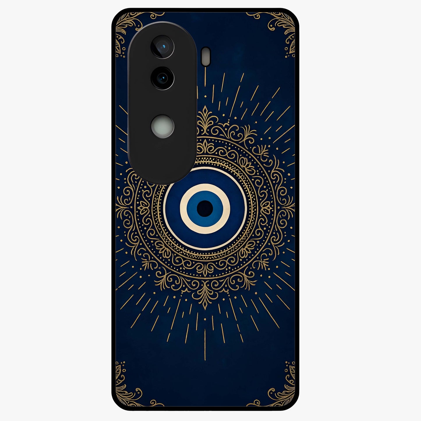Golden Evil Eye Mandala Glass Case showing flat back view with intricate evil eye mandala artwork and glossy glass finish.