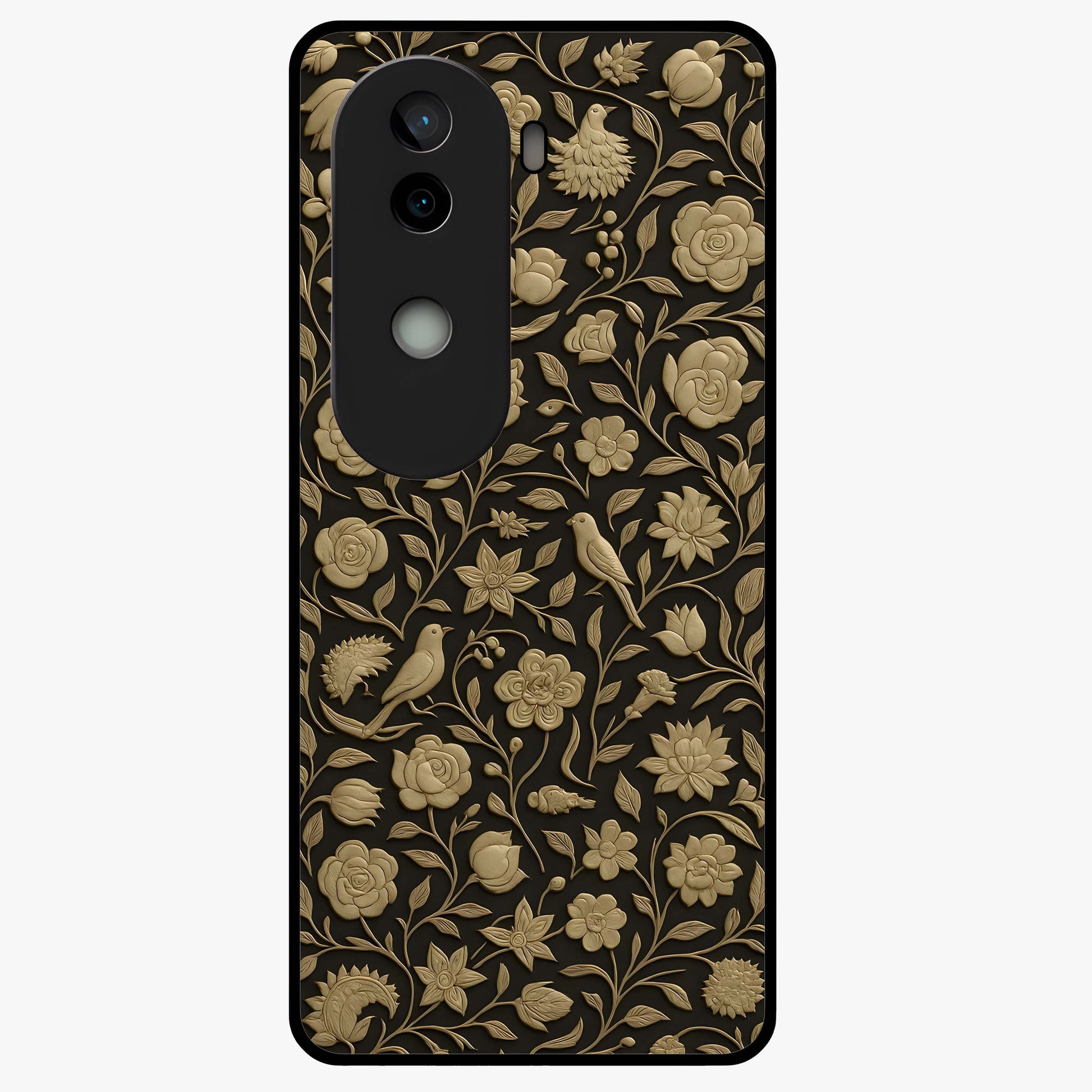 Golden Floral Majesty Glass Case showing flat back view with luxurious golden floral artwork and glossy glass finish.