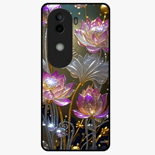 Golden Lotus Glow Glass Case showing flat back view with glowing lotus flower artwork and glossy glass finish.