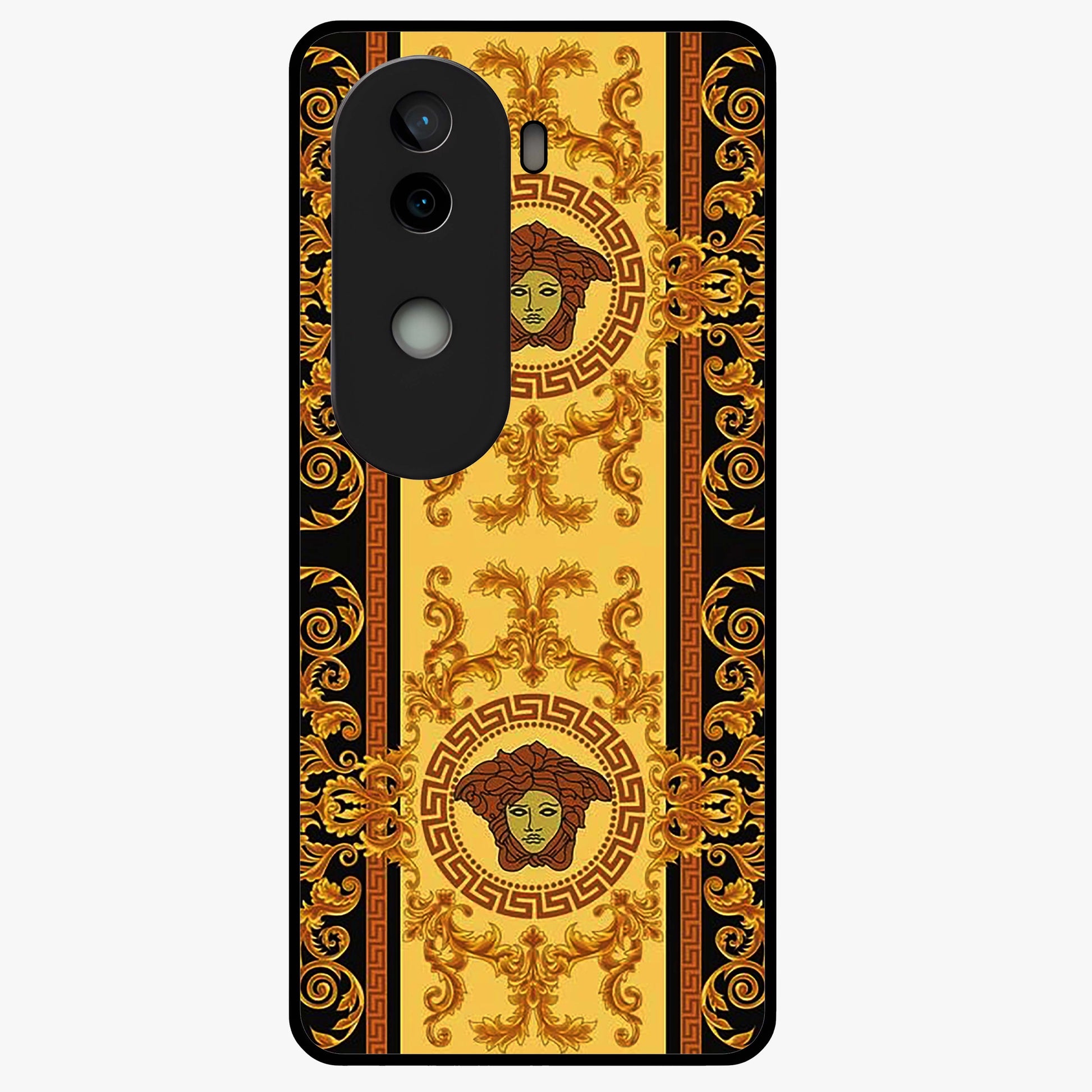Golden Royal Heritage Glass Case showing flat back view with ornate royal pattern artwork and glossy glass finish.