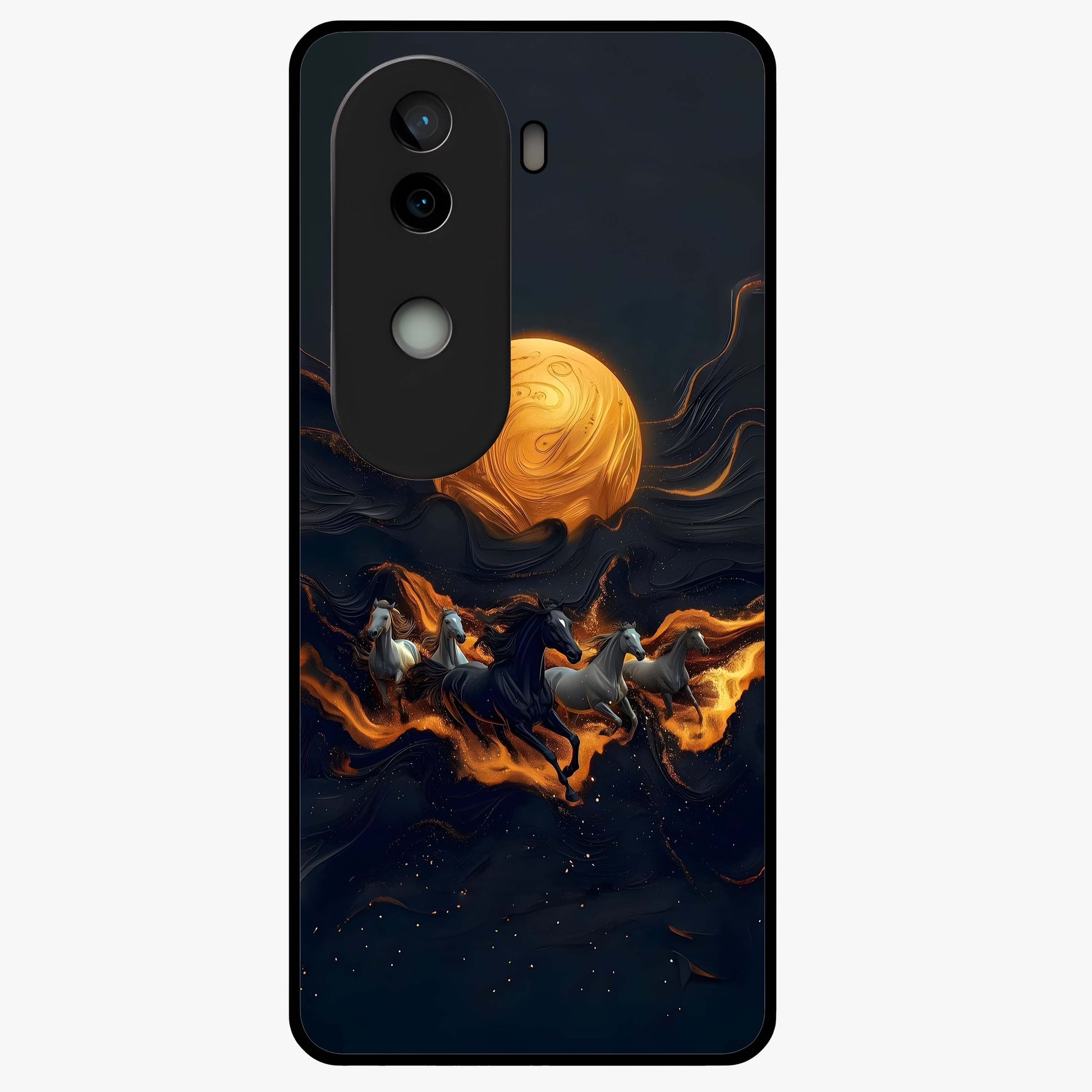 Golden Stallion Moonride Glass Case showing flat back view with majestic horse under moonlight artwork and glossy glass finish.