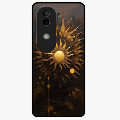 Golden Sun Majesty Glass Case showing flat back view with radiant golden sun artwork and glossy glass finish.