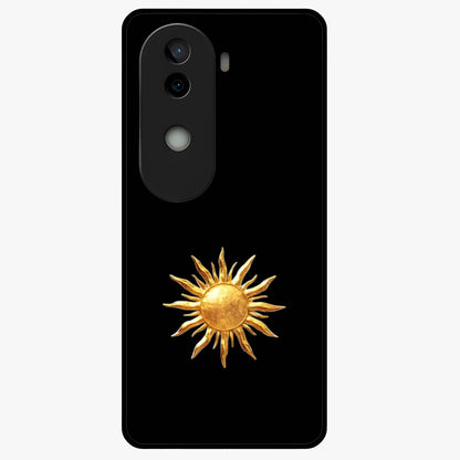 Golden Sun Minimalism Glass Case showing flat back view with minimal golden sun artwork and glossy glass finish.