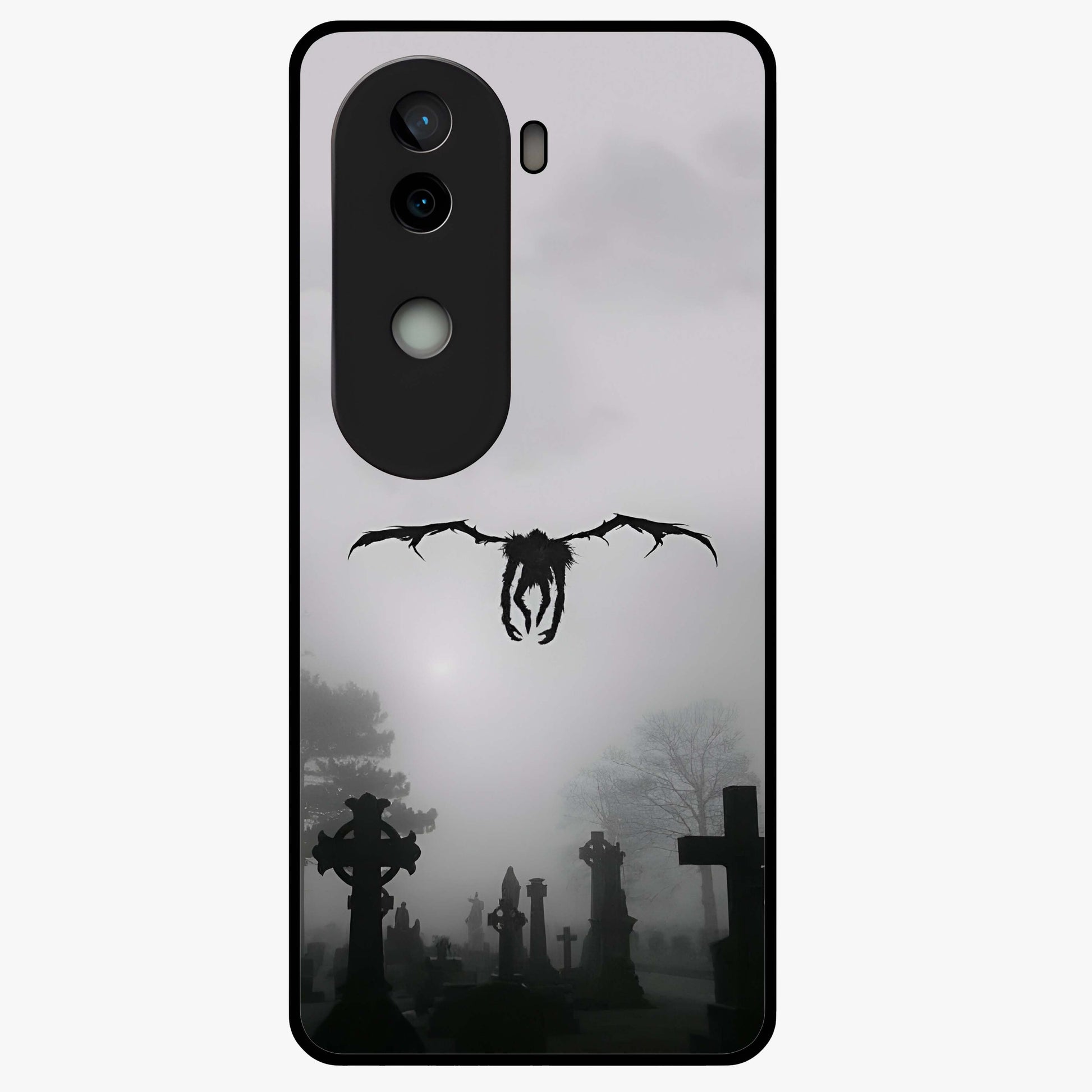 Graveyard Shadow Descent Glass Case showing flat back view with dark graveyard themed artwork and glossy glass finish.