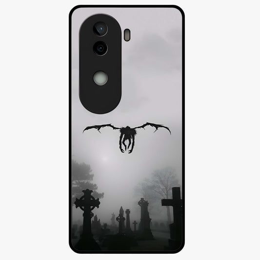 Graveyard Shadow Descent Glass Case showing flat back view with dark graveyard themed artwork and glossy glass finish.