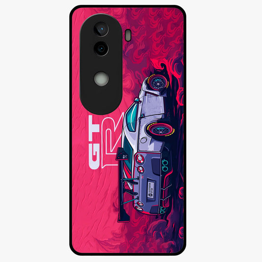 GT-R Car Pattern Glass Case showing flat back view with sporty car inspired pattern artwork and glossy glass finish.