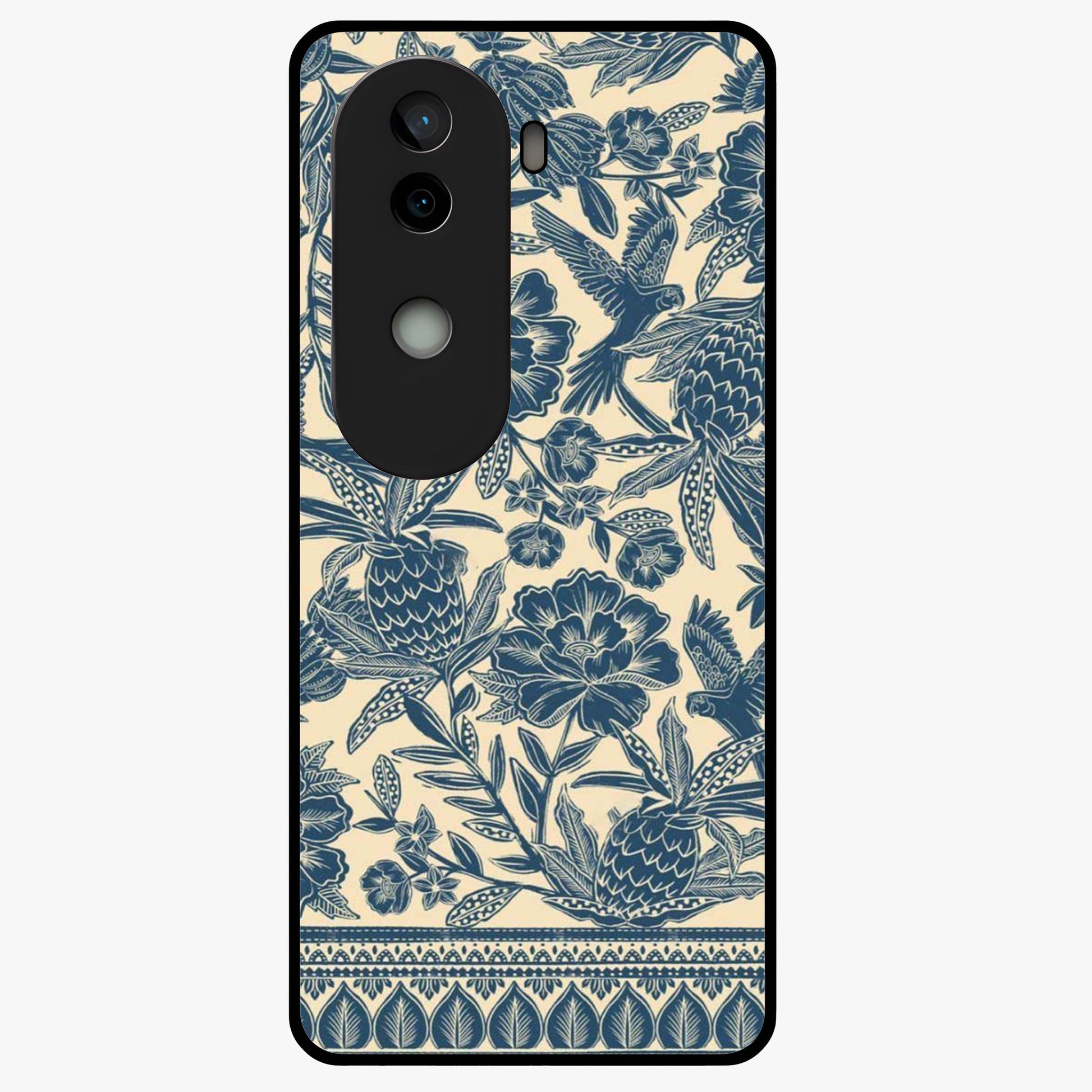 Heirloom Wild Bloom Glass Case showing flat back view with vintage inspired wild flower artwork and glossy glass finish.