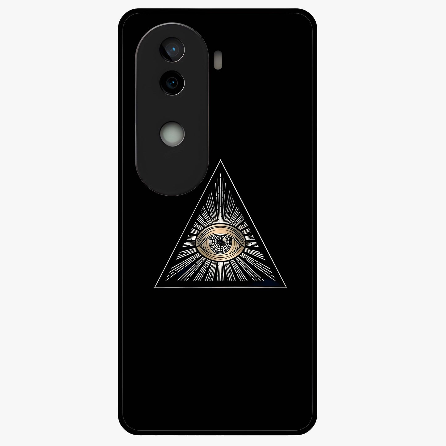 Illuminati Evil Glass Case showing flat back view with mysterious illuminati symbol artwork and glossy glass finish.