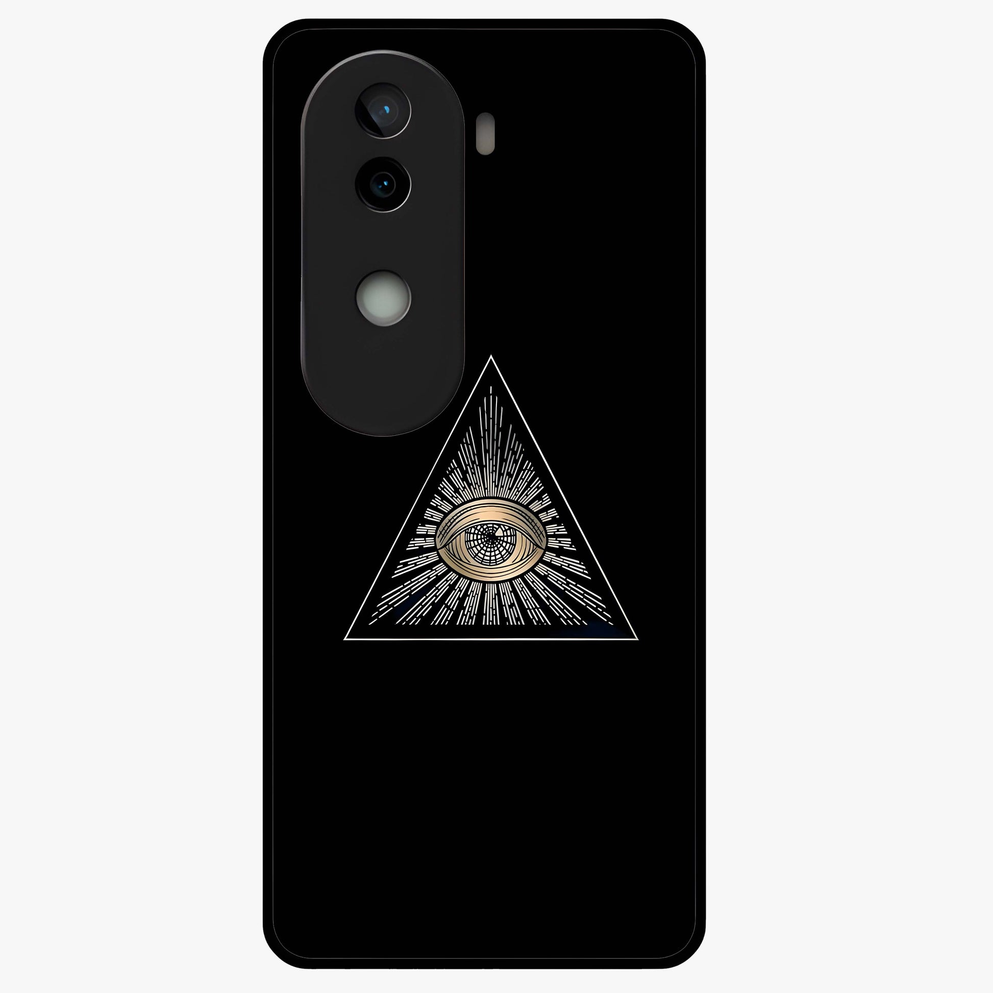 Illuminati Evil Glass Case showing flat back view with mysterious illuminati symbol artwork and glossy glass finish.