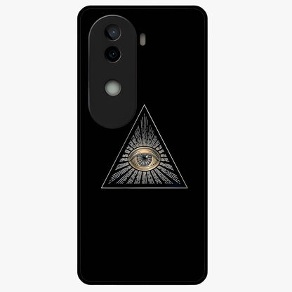 Illuminati Evil Glass Case showing flat back view with mysterious illuminati symbol artwork and glossy glass finish.