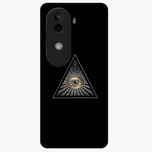 Illuminati Evil Glass Case showing flat back view with mysterious illuminati symbol artwork and glossy glass finish.