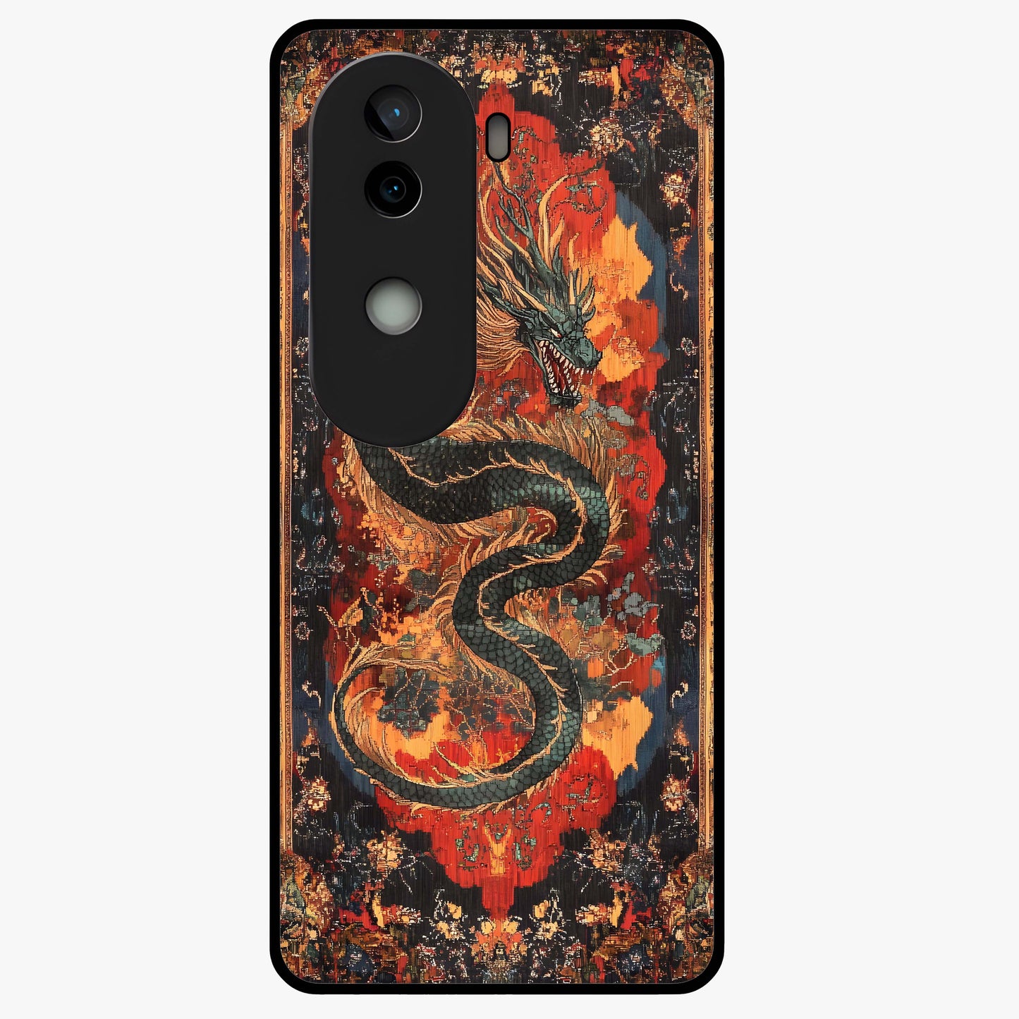 Inferno Dragon Soul Glass Case showing flat back view with fiery dragon artwork and glossy glass finish.