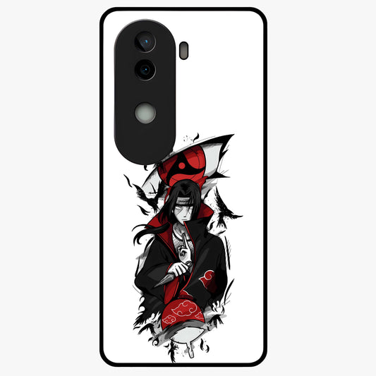 Itachi Sharingan Glass Case showing flat back view with powerful anime eye artwork and glossy glass finish.