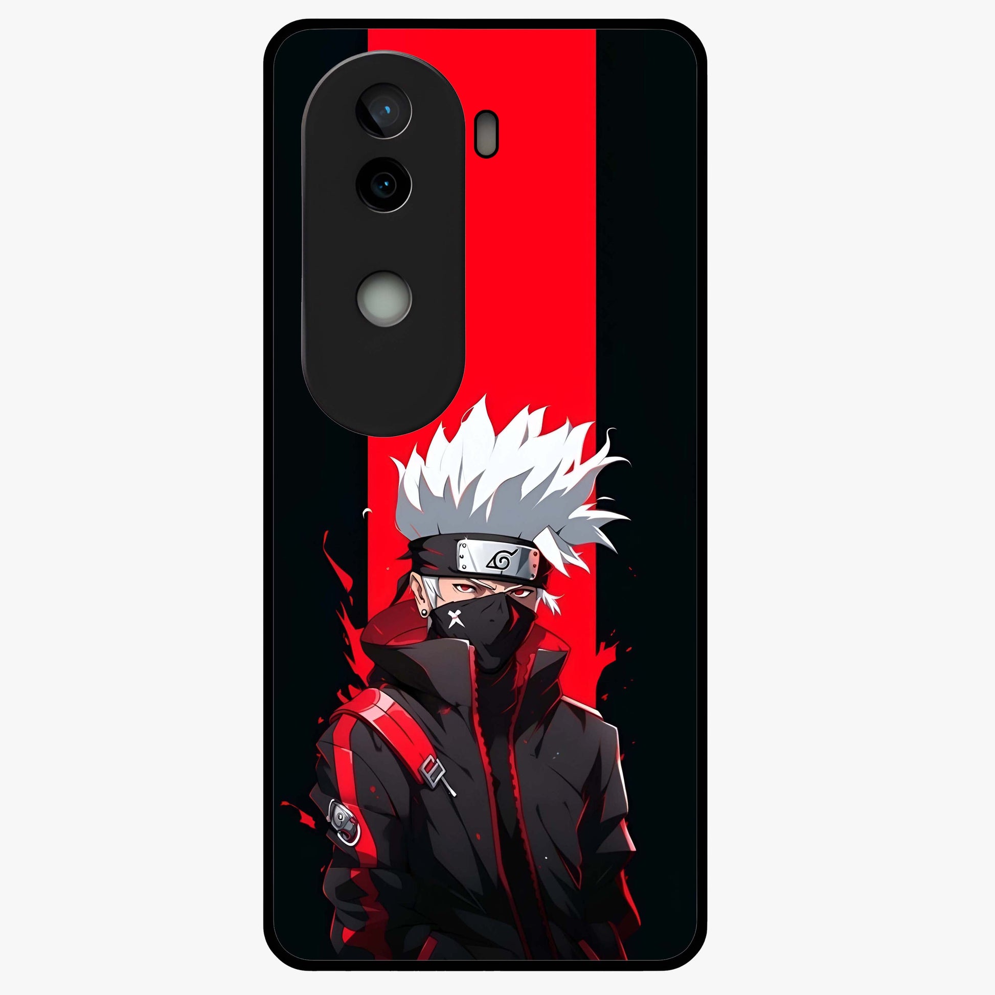 Kakashi Scarlet Shadow Glass Case showing flat back view with powerful anime ninja artwork and glossy glass finish.
