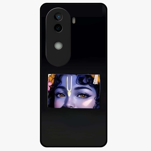 Krishna Divine Embrace Glass Case showing flat back view with Lord Krishna devotional artwork and glossy glass finish.