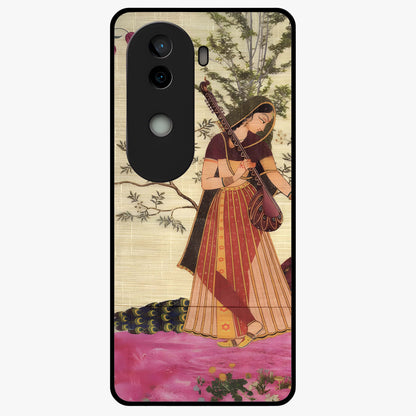 Lady With Veena Art Glass Case showing flat back view with elegant woman playing veena artwork and glossy glass finish.